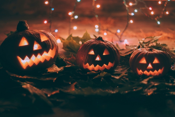 Three smiling jack-o-lanterns sit on a bed of dried leaves.