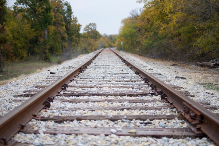 Train tracks stretch into the distance with green trees on either side.