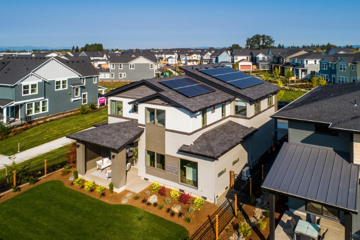 A home with solar panels on the roof at Reed’s Crossing in Hillsboro, Oregon.