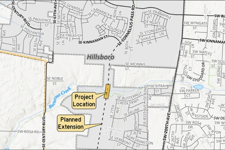 A map of the Cornelius Pass Road Bridge location and planned extension.