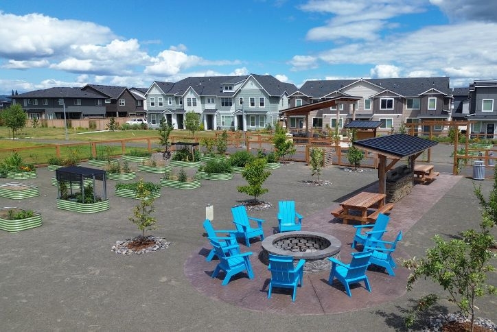 Aerial photo of Reed’s Crossing Community Garden and firepit.