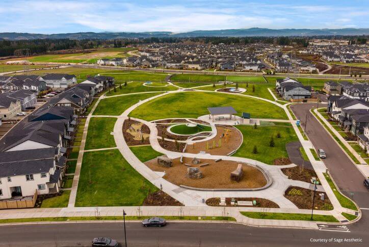 Aerial shot of Reed’s Crossing Park in Hillsboro, Oregon.